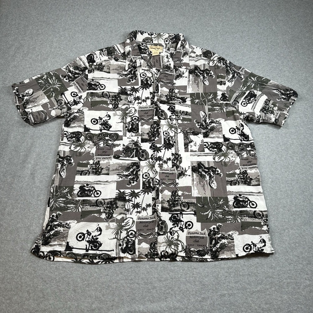 Panama Jack Rayon Motorcycle Print Hawaiian Shirt XL Vintage Biker Palm Trees